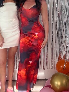 Sleeveless Red Floral Satin Maxi Dress